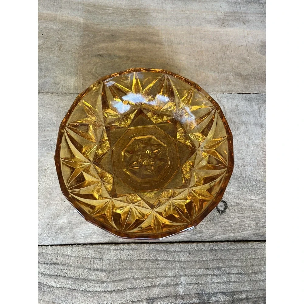 Vintage Amber  Round Cut Glass Candy, Nut Dish  1970s Trinket Dish Candy‎ Dish
